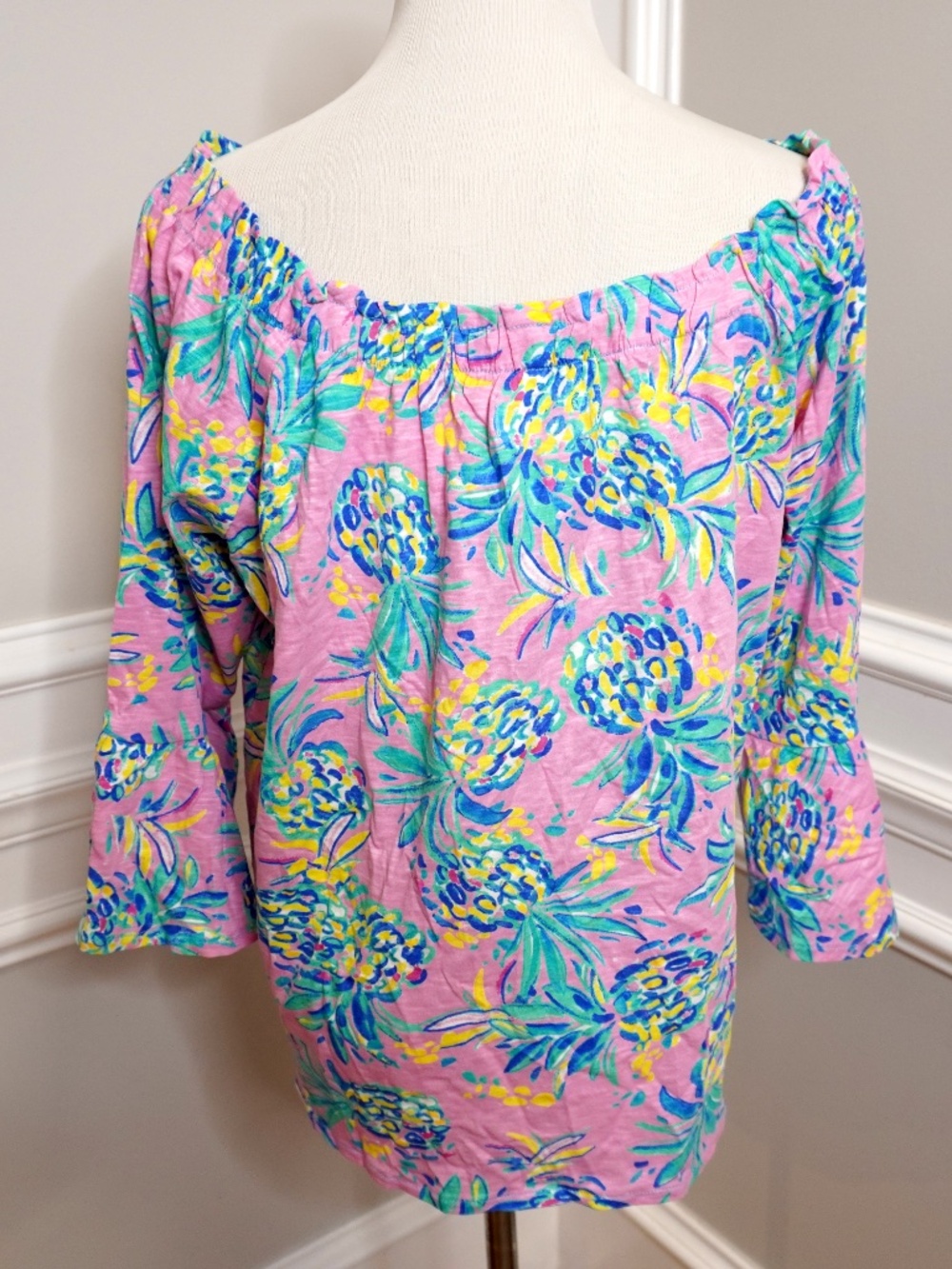 NEW Stella Parker Top Womens Multicolor Pineapple Print Bell Sleeve, Size L - Picture 3 of 4